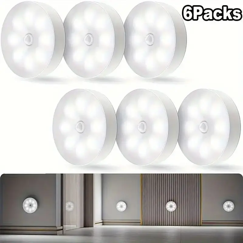 6pcs Night Lights Motion Sensor Lights 8LED USB Rechargeable Indoor Lamp Closets Cabinets Stairs Bedrooms Lighting Night Lamps