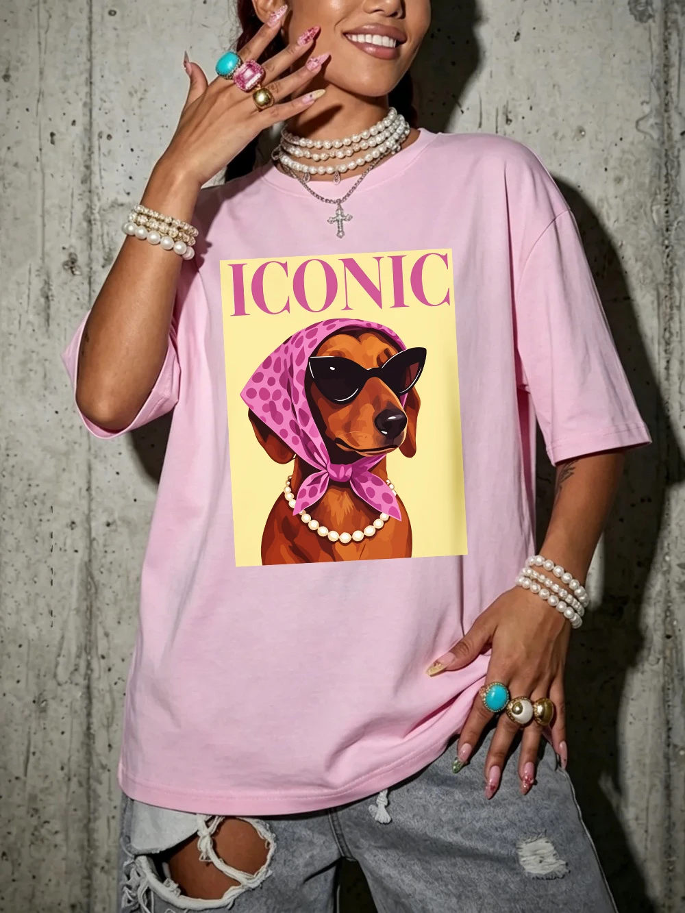 Ikonische Dackel-Prints, Baumwoll-T-Shirts für Damen, Sommer-Kurzarm-T-Shirts, O-Ausschnitt, weiche, übergroße Oberteile, einfache, bequeme Kleidung – Detail 15