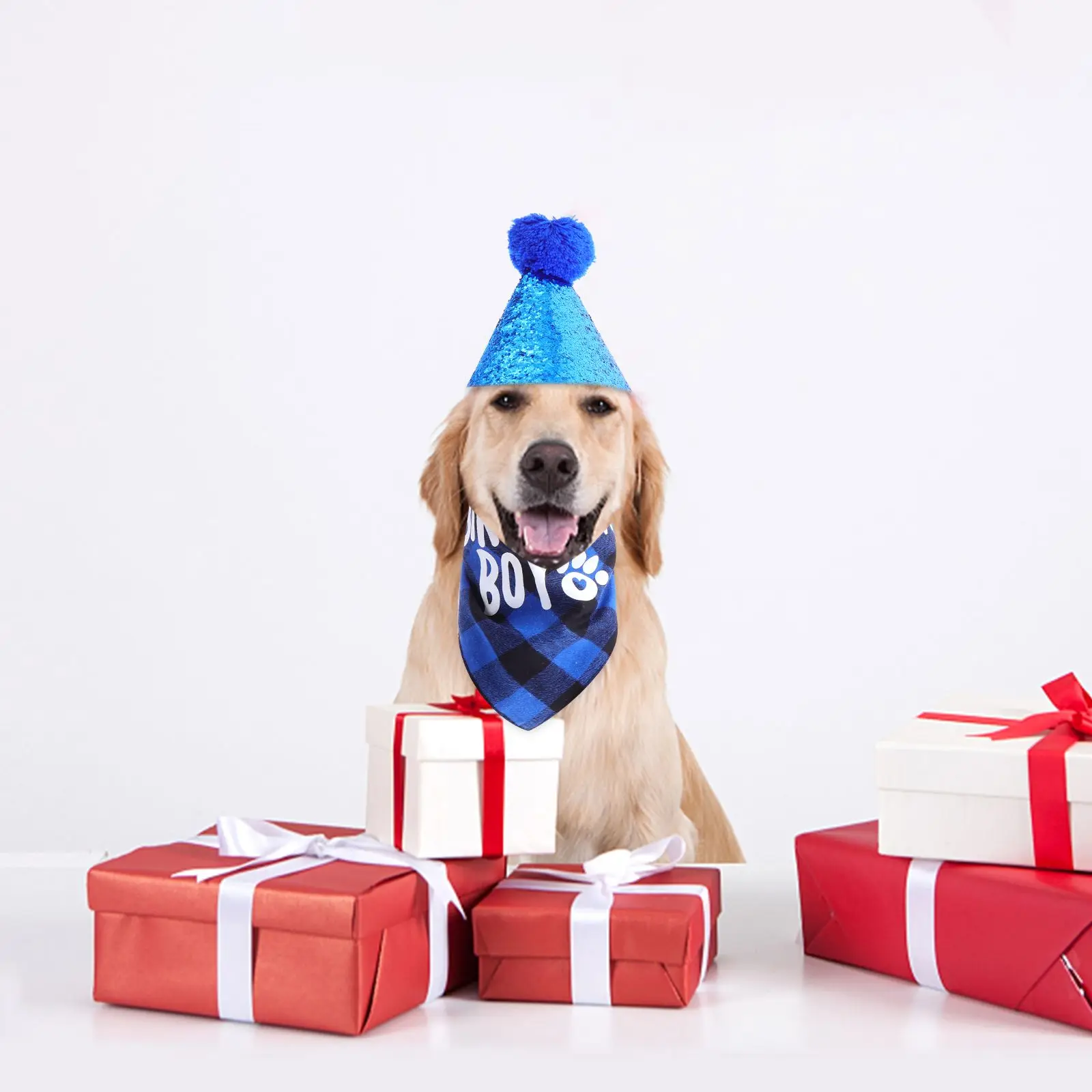 

Lovely Pet Dog Birthday Party Costume Set Blue Durable Washable Comfortable Lattice Design Hat Bandana For Dog Birthday Supplies