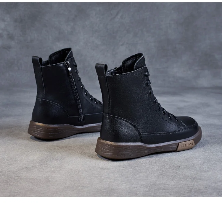 DRKANOL Frauen Echtes Leder Kurze Stiefel Runde Kappe Aus Echtem Leder Handgemachte Retro Street Style Winter Warme Wohnungen Stiefeletten – Detail 26
