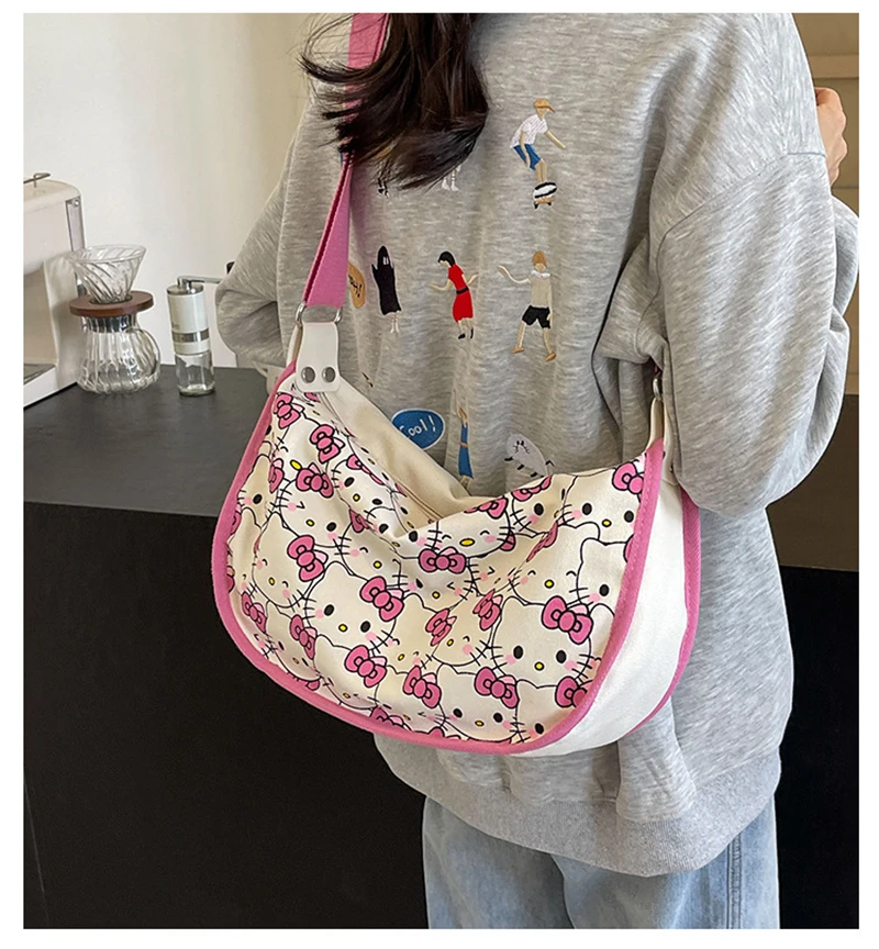 

Sanrio Hello Kitty Canvas Crossbody Bag Cute Cartoon Handbag Fashion Charm Large Capacity Shoulder Bag Women Holiday Gifts