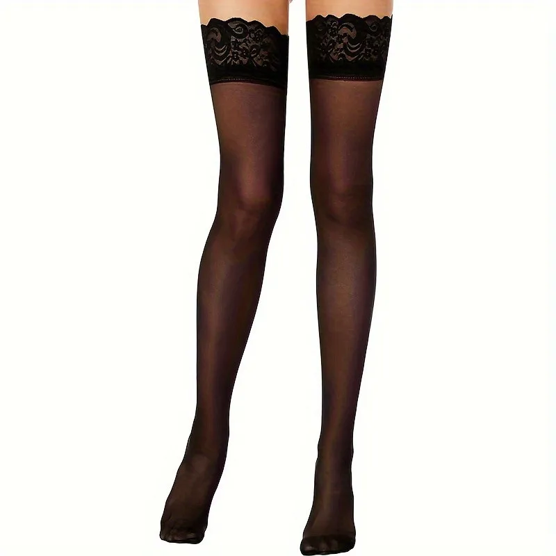 Medias Altas de Encaje Negro para Mujer, Medias Transparentes por Encima de la Rodilla con Cintura Elástica Ancha para Vestidos, Fiestas y Uso Diario