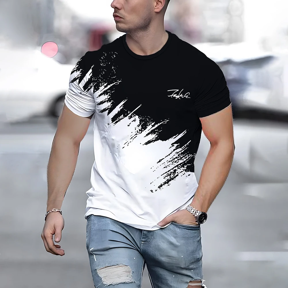 Fashion Contrast Color Print Men's T Shirt Casual O-neck Loose Short Sleeve Sports Tops Funny 3D Letter Tee Street Trend Clothes