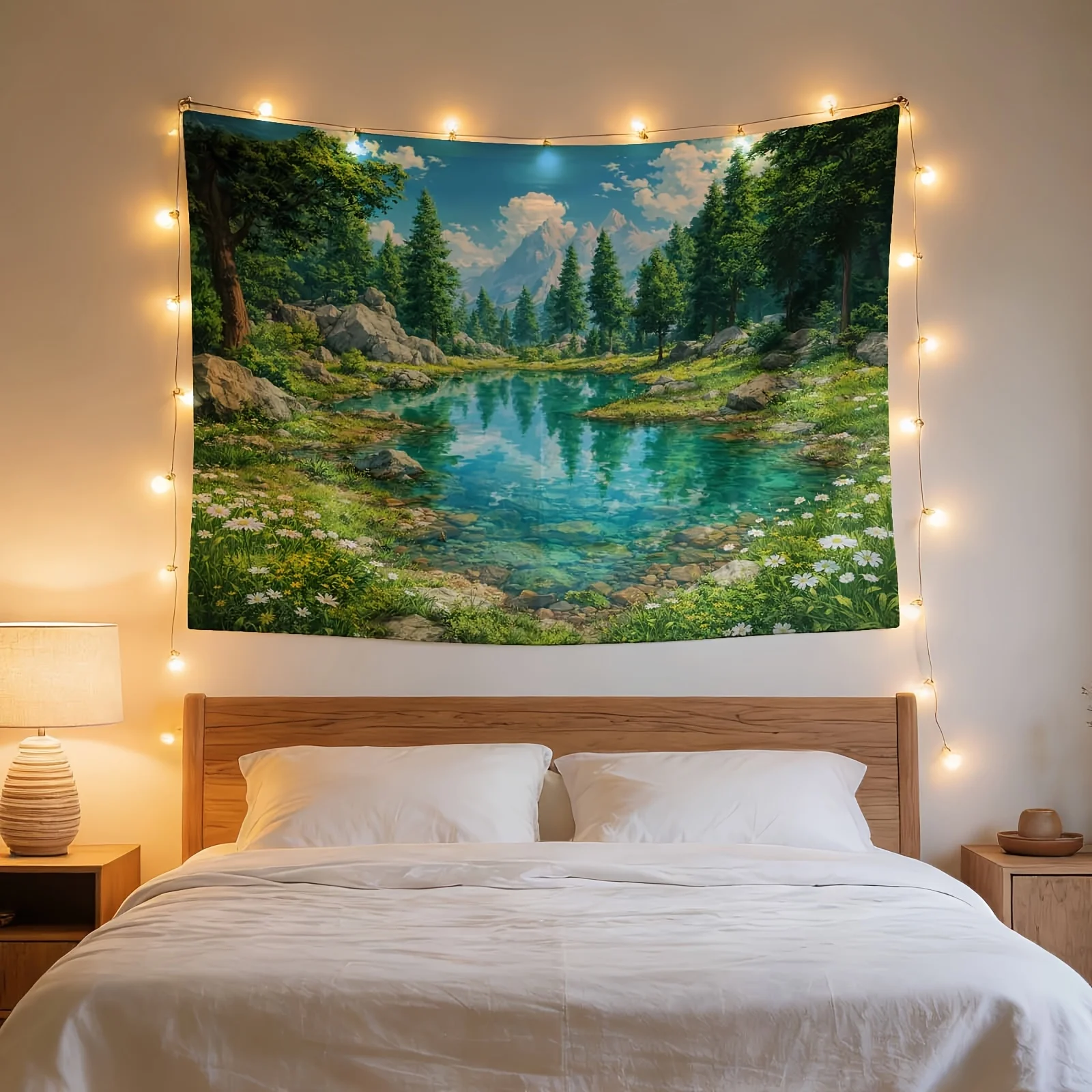 Large Romantic Forest Landscape Tapestry Wall Hanging Art for Living Room Decor Serene Woodland River View Polyester Decorative