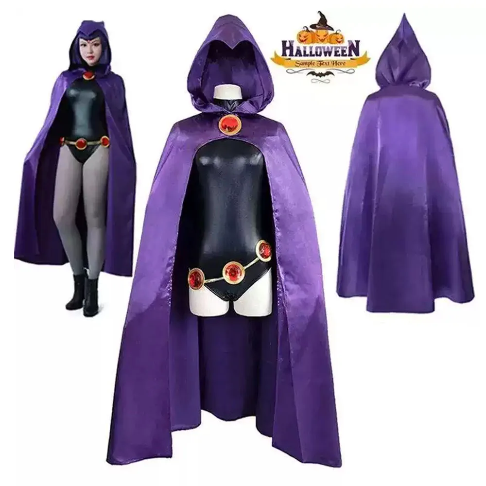 Raven Cosplay Komplettset für Frauen, Kampfanzug mit magischem Zubehör und lila Kapuzenumhang für Halloween, Karneval und Themenpartys