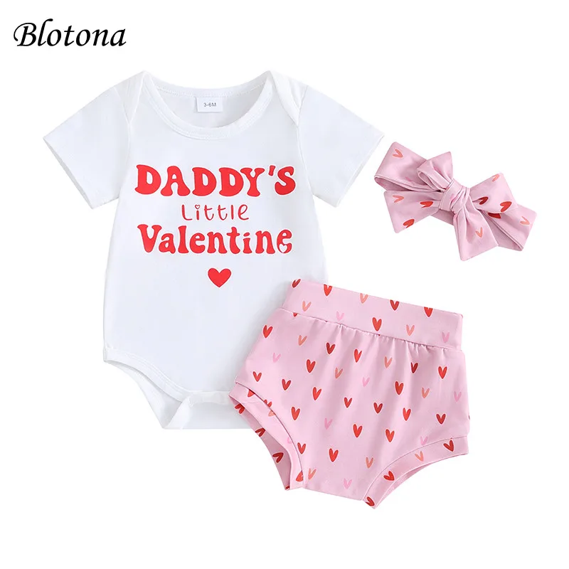 

Blotona Infant Baby Girl Valentine's Day 3Pcs Outfit Letter Short Sleeve Romper with Heart Print Shorts and Headband Set 0-18M