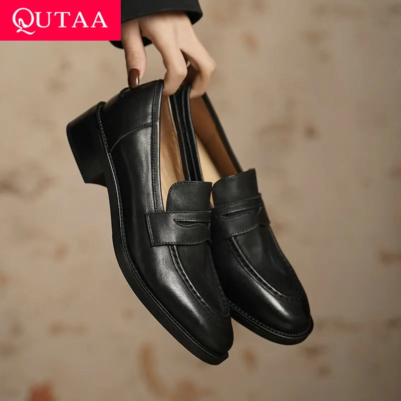 

QUTAA 2025 Fashion Genuine Leather Women Pumps Shoes Woman Mid Heels Loafers Shoes Round Toe Summer Casual Party Ladies 34-40