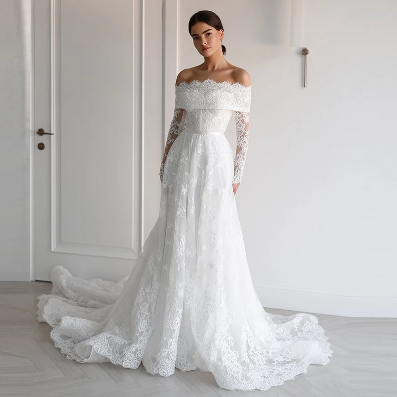 

Элегантное свадебное платье трапециевидной формы с вышивкой на сетке и бальным платьем с вырезом лодочкой и длинными рукавами для невесты на пуговицах по индивидуальному заказу Vestido De Novia