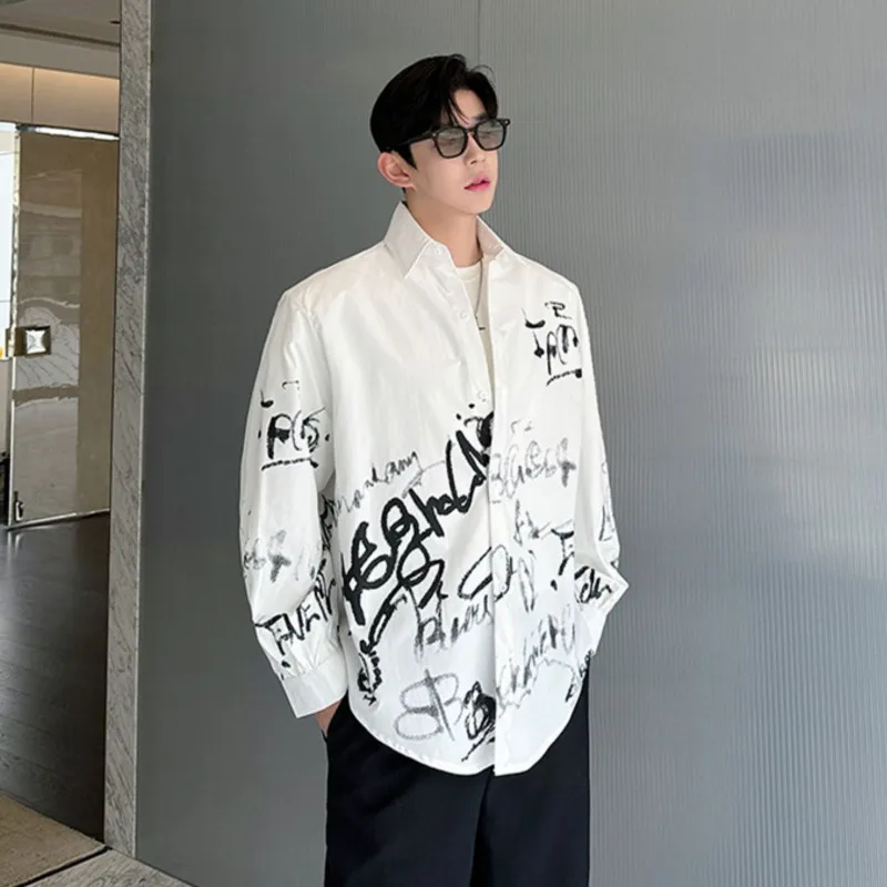 Camicie da uomo Chic stampa Graffiti vestiti oversize uomo 2024 autunno stile coreano High Street Fashion top nero bianco