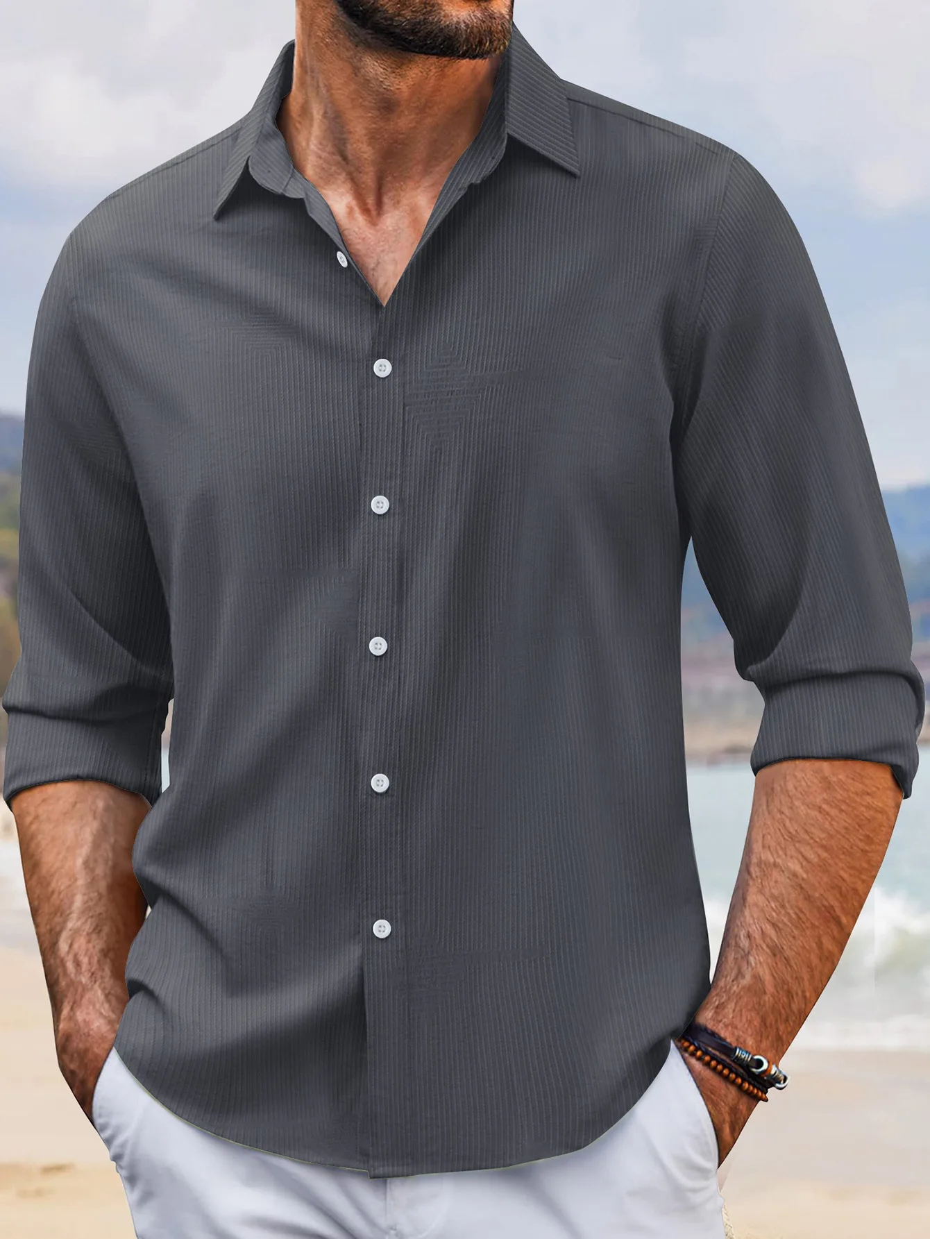 New Men's Casual Shirt, Spring And Autumn Fashion Lapel Striped Diamond Anti-wrinkle High Elastic Material Long sleeve cardigan