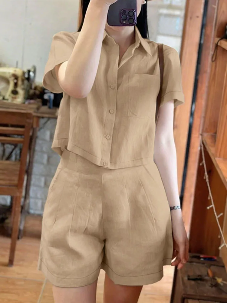 

ZANZEA Summer Short Sets 2PCS Women Solid Matching Sets Lapel Neck Short Sleeve Blouse Pant Suit Fashion Work OL Tracksuits 2025