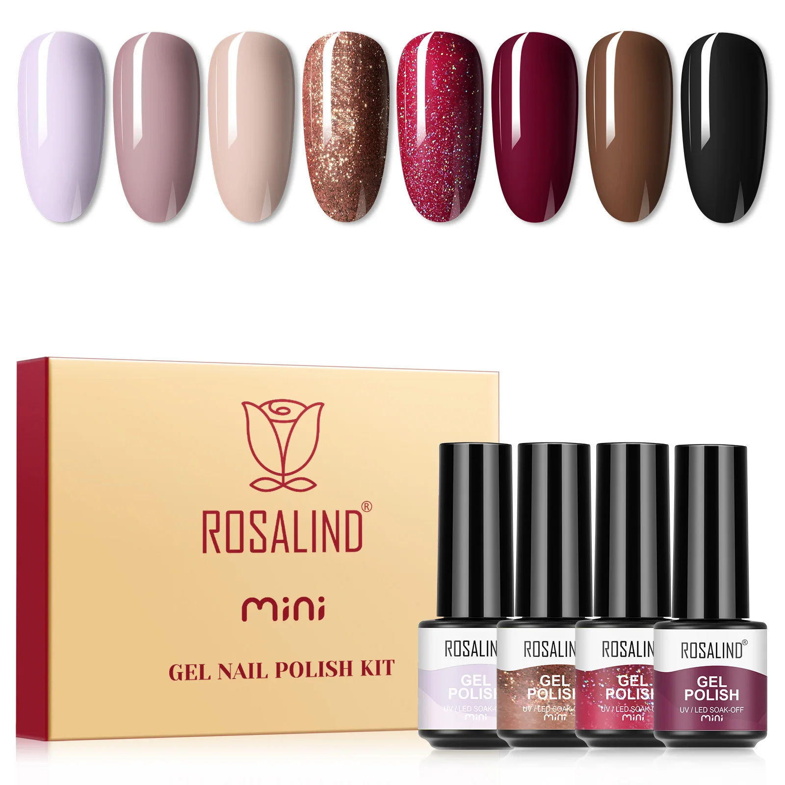 ROSALIND Glänzendes Gel-Lacke-Set, semi-permanent, Soak Off Cat Eye Gel-Nagellack-Sets, 8-teiliges Basis- und Decklack-Nagelkunst-Set mit Box