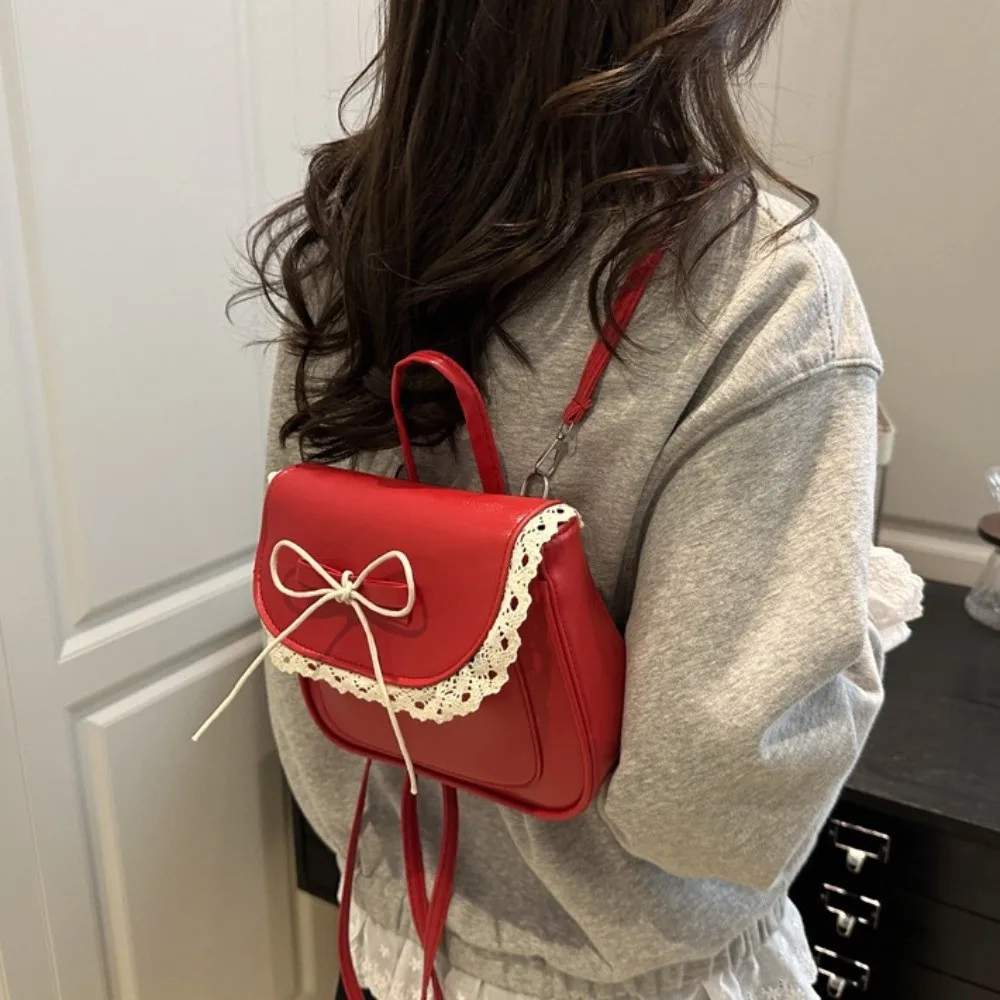 حقيبة ظهر عصرية صغيرة بفيونكة من الدانتيل كوالي أنيقة من جلد البولي يوريثان حقيبة كتف مربعة على الطراز الكوري للطلاب #4