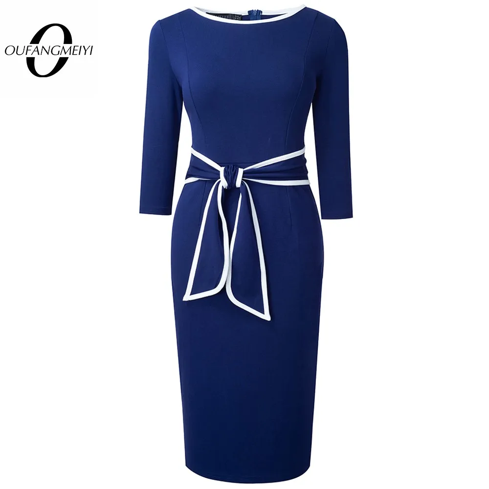 

Autumn Women Chic Pure Color Patchwork Dresses Formal Office Elegant Sheath Slim Dress EB756