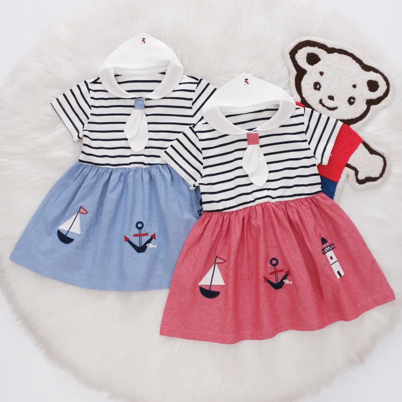 F Family Kids Summer Girls Sailboat Embroidery Navy Neck Short Sleeve Dress Kids Stripe Color-Block Skirt