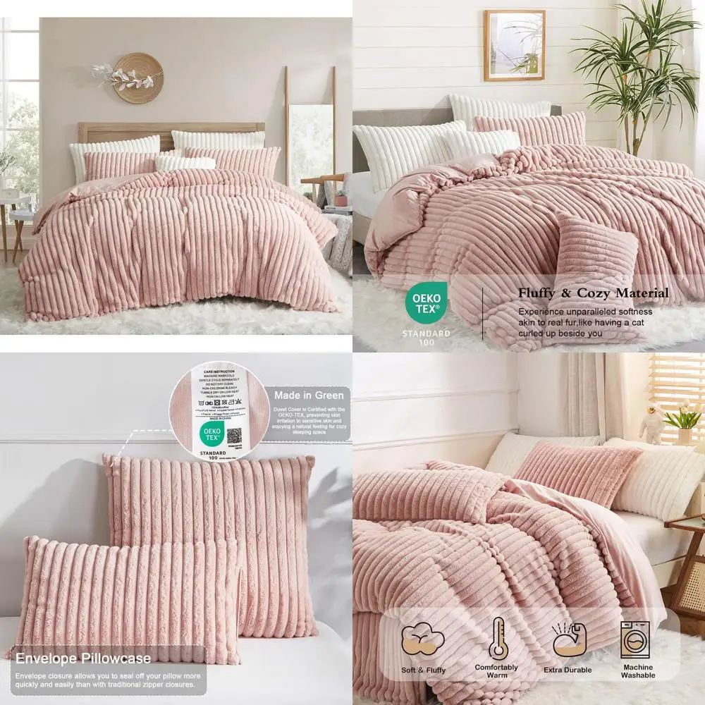 

Queen Size Pink Faux Rabbit Fur Bedding Set with Stripes, Plush Comforter Cover and 2 Shams