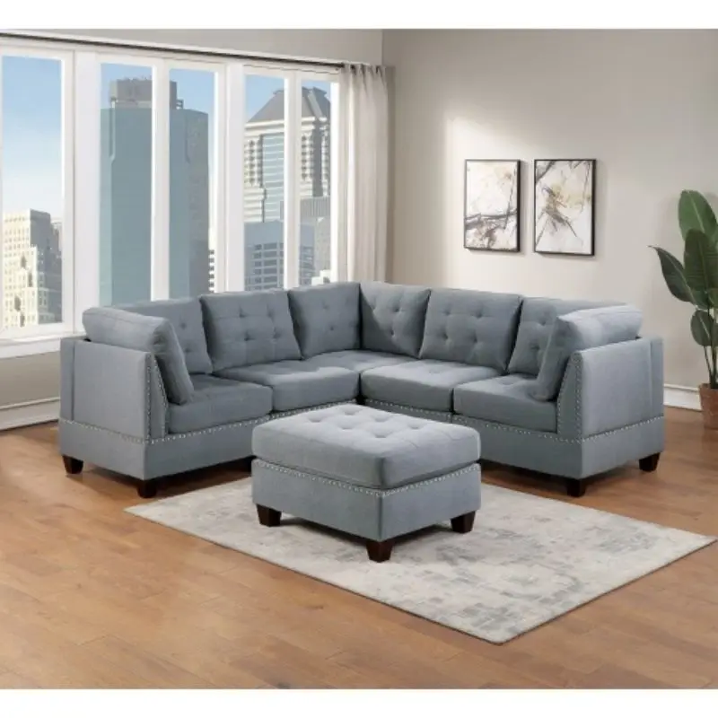 

Modular Sectional 6pc Set Living Room Furniture Corner Sectional Tufted Nail heads Couch Gray Linen Like Fabric 3x Corner Wedge