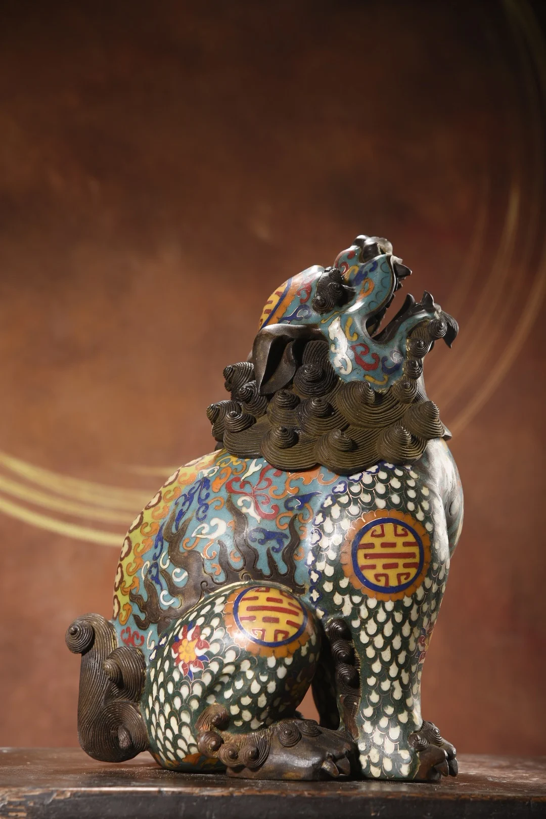 

14"Nepalese folk Old Bronze Cloisonne Enamel Wangtian Roar Divine Beast Statue incense burner Amass wealth Ornaments