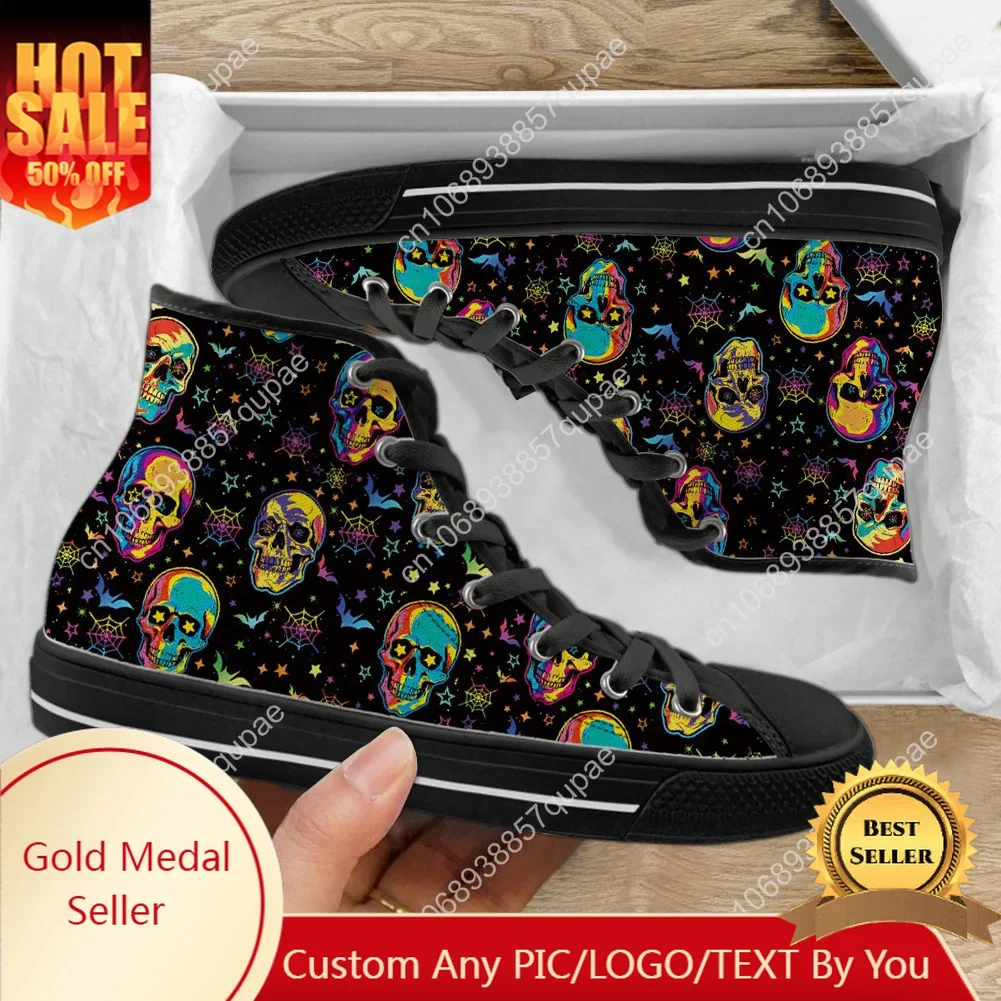 Autumn High Top Men's Canvas Shoes Colorful Skull Spider Web Bat Pattern Classic Vulcanization Shoes Board Sneakers