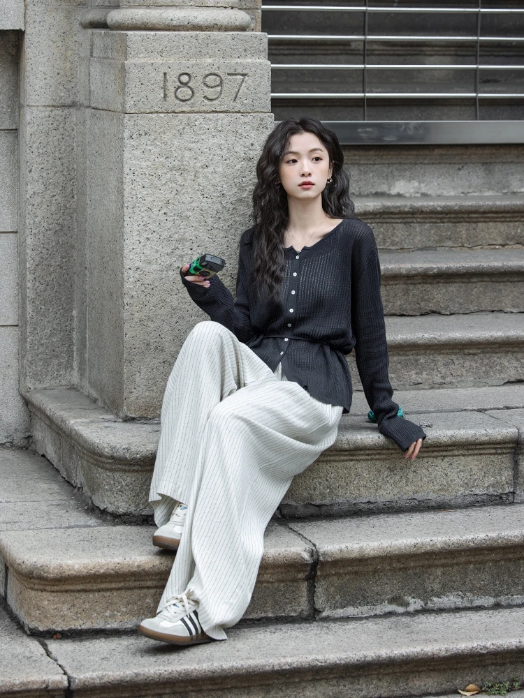 

Bla Knitted Loose Lightweight Open Cardigan with Belt Lazy Sle Korean Version Long Sve round Ne Button down Top