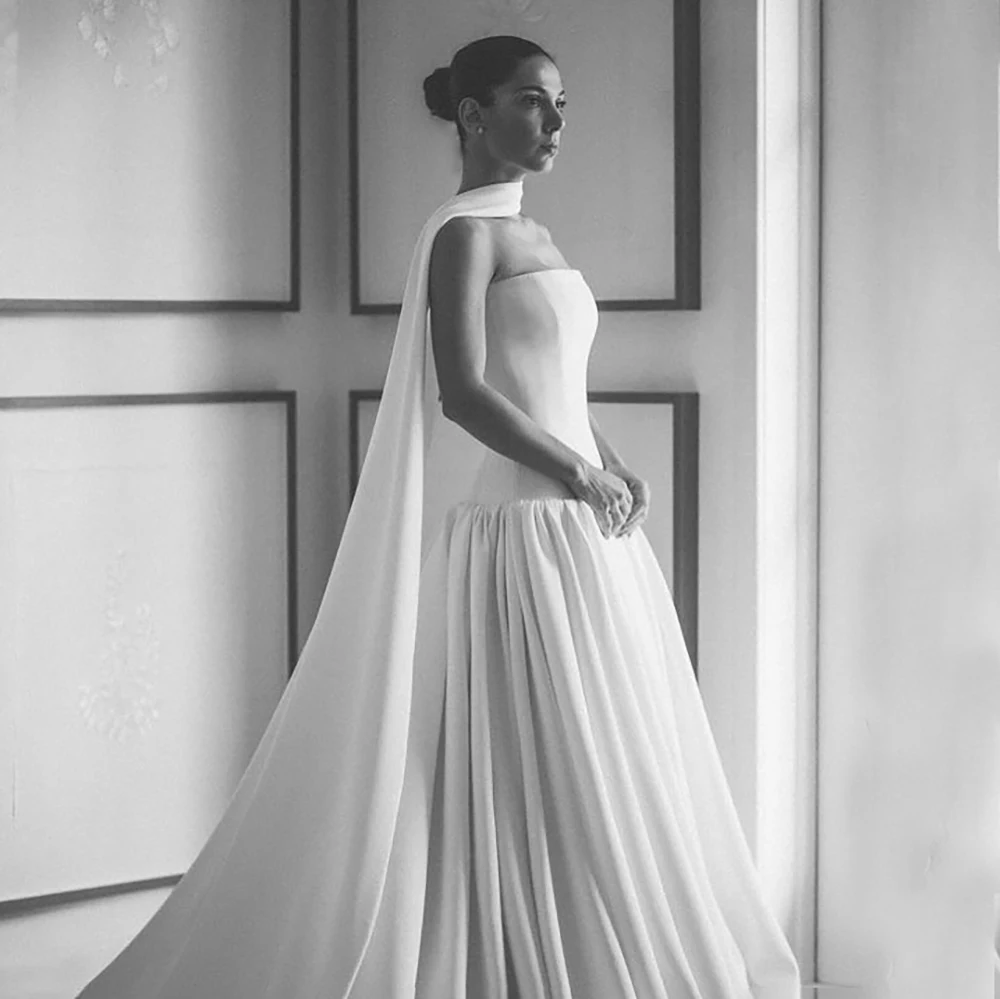 Vestido de novia sencillo con corpiño unido en la cintura caída, bufanda con cuello, joya de satén, vestido de baile de novia fruncido sin tirantes personalizado