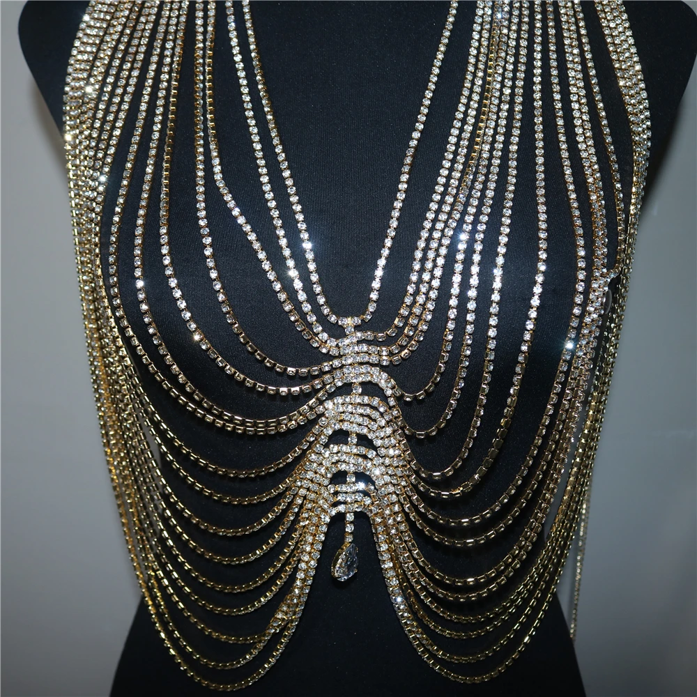 2022 جديد كريستال شرابة قطرة قلادة أعلى الجسم سلسلة الصدرية للنساء الفاخرة حجر الراين الجسم Bralette الصدر سلسلة بيكيني مجوهرات