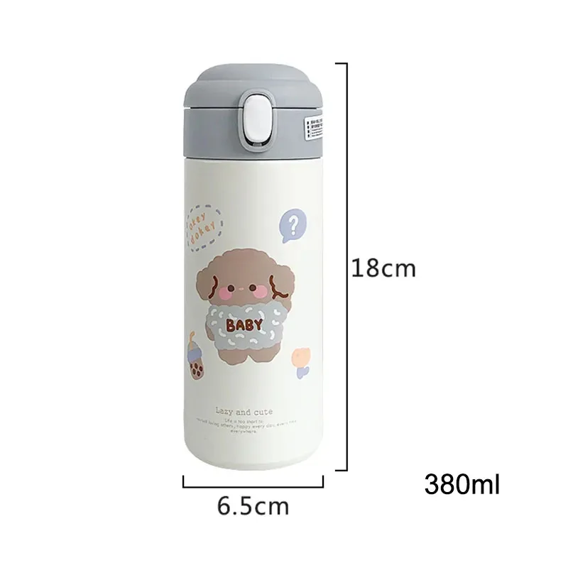 380ml Cute Cartoon Thermos Cup Stainless Steel Bouncing Cover Straw Mini Vacuum Flask Outdoor Water Bottle