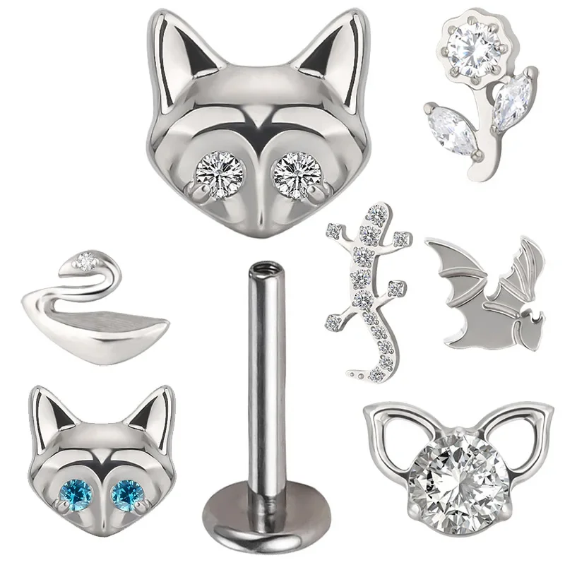 

G23 Titanium Fox Gecko Swan Flower EAR PIERC CZ Paved Top Ear Stud Labret Lip Stud Cartilage Helix Earring Body Piercing Jewelry