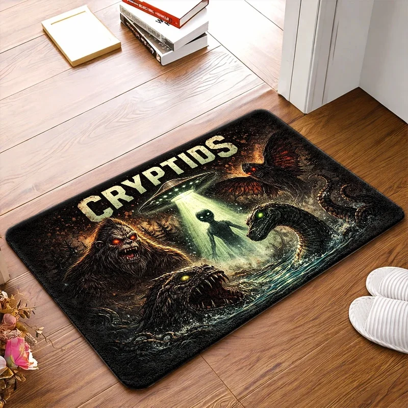 1pc Cryptid‑Bigfoot‑Mothman‑Sea‑Monster‑Alien Print Welcome Doormat, Washable Indoor Outdoor Floor Mat for Entryway