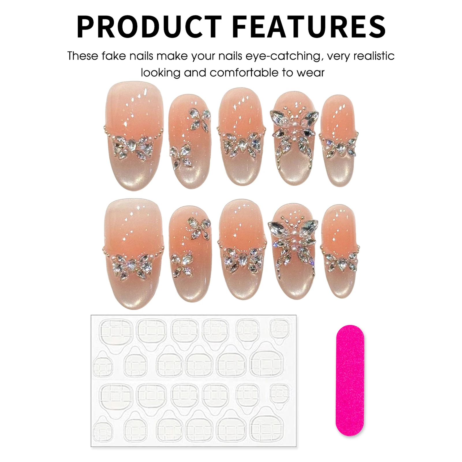 10pcs Fairy Crystal Butterfly Press On Nails Handmade Blush Pink Cat's Eye French Style False Nails Sweet Short Oval Fake Nail view 4
