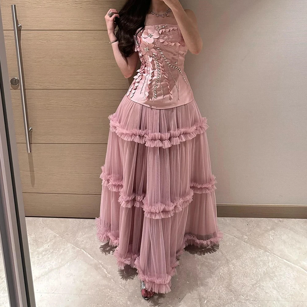

Customized A-line Evening Dresses Ankle-length Strapless Sleeveelss Prom Gown Fashion Crystal Flowers Simple Draped Party Gown