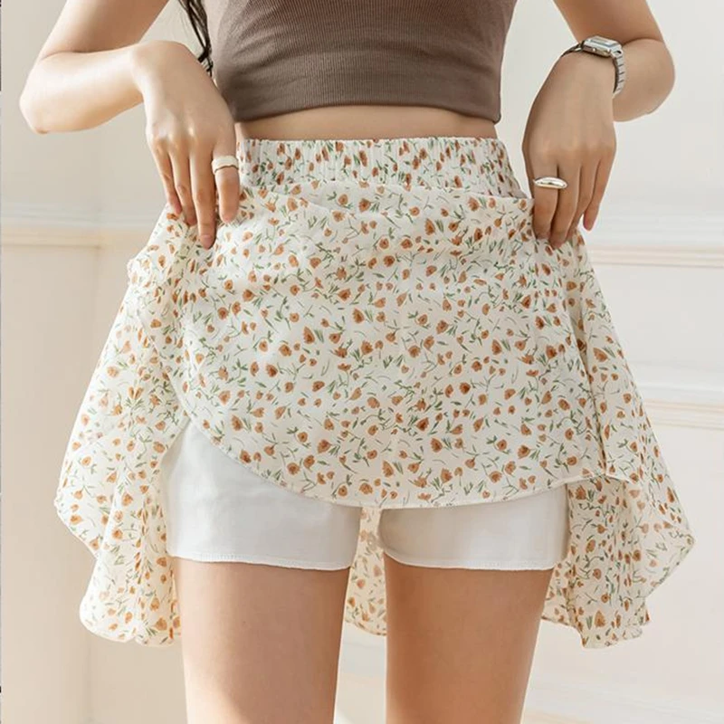 

Summer Floral A Line Mini Skirt With Shorts Women 2026 High Waist Vintage Y2k Clothes Slim Casual Chiffon Pleated Tennis Skirts