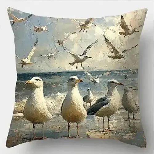 【Coastal Vibe】Seagull Beach Pattern Pillow Cover, Multi-Scene Use, Pillowcase for Sofa, Bedroom & Car