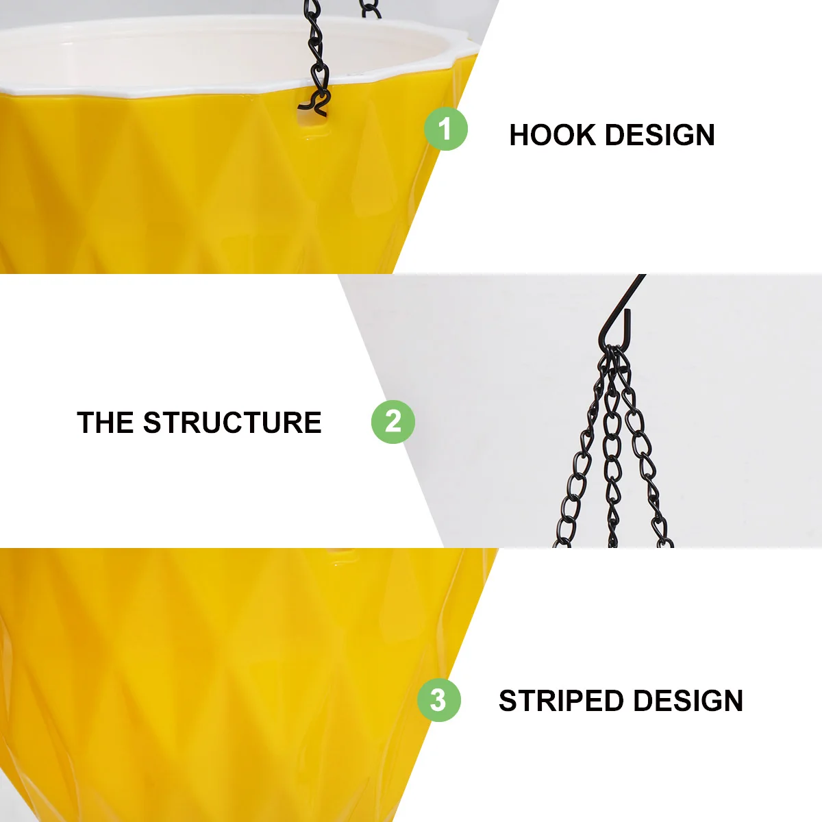 

Hanging Basket Flower Pot Diamond Shape Yellow Color Indoor Outdoor Durable Plastic Resin Planter Water Blocking Block Breathing
