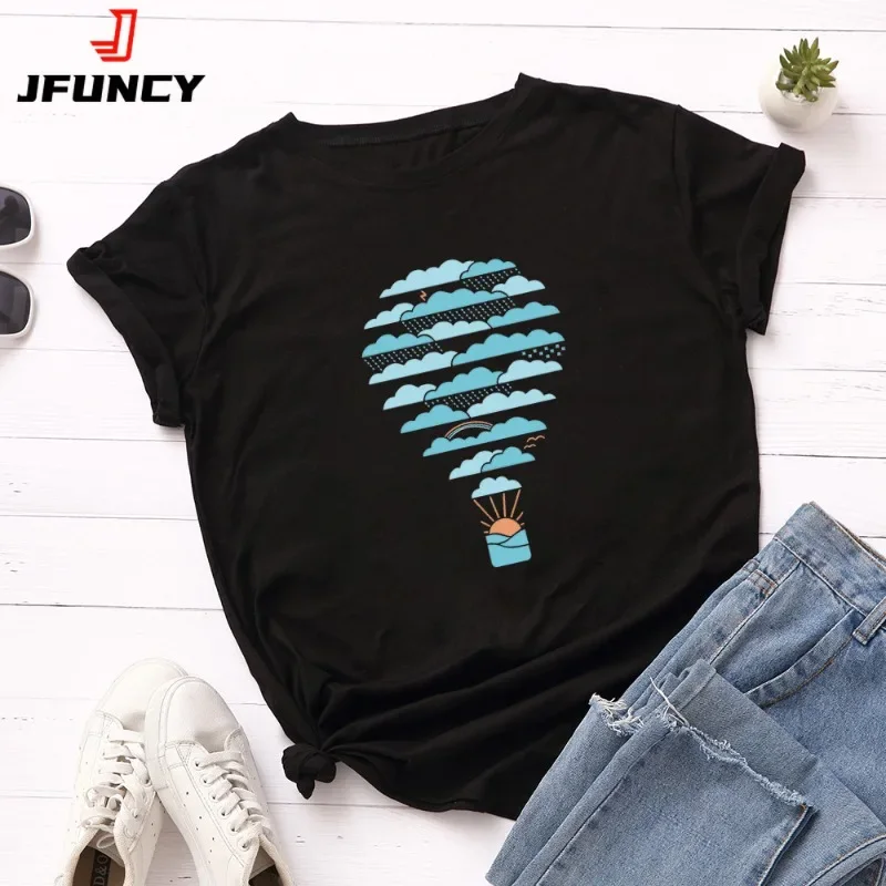 

JFUNCY Oversized Women Cotton Tee Shirts Woman Short Sleeve T-Shirt Weather Hot Air Balloon Print Summer Tshirt Female Tops