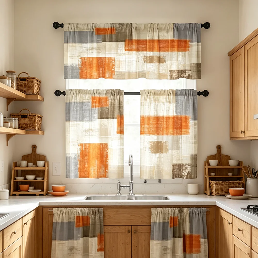 Kitchen Valance and Short Curtains Set, Orange Brown Color Block, Retro Abstract Style, Tier Curtains, Cute Kitchen Decor