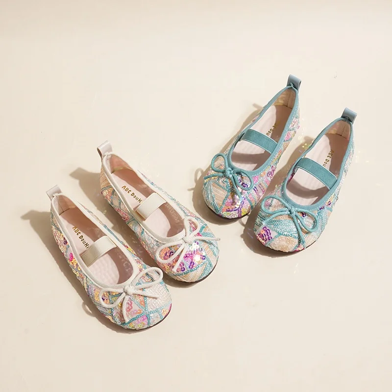 2026 Summer Girls Glitter Mary Janes Baby Princess Soft Sole Dress Shoes Cute Student Breathable Flat Shoes