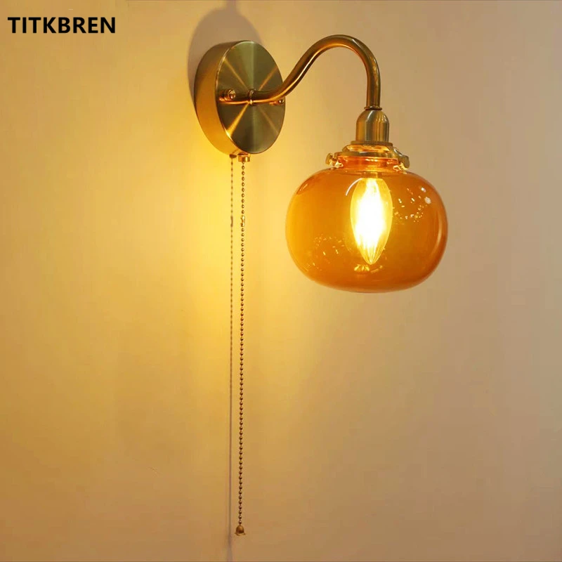 Japan Style Retro Bend The Arm Glass Wall Lamp With Pull Switch Bedroom Bedside Reading Lighting E14 LED Small Night Light