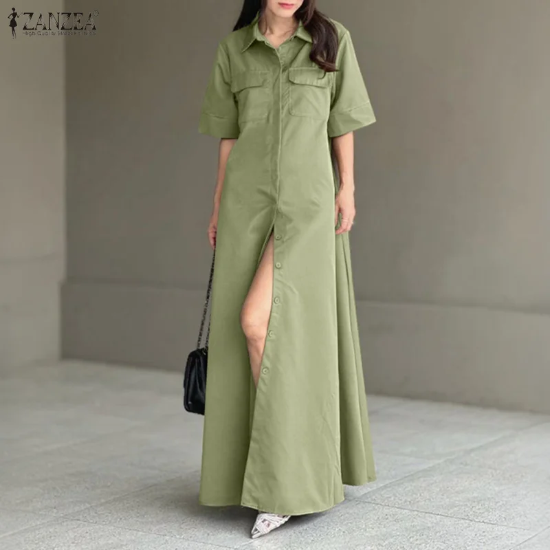 ZANZEA Damska Sukienka Maxi, Modna Długa Koszula-Sukienka Letnia z Półrękawami, z Paskiem, Streetwear 2025, Elegancka, Zapinana na Guziki, Luźna Szata