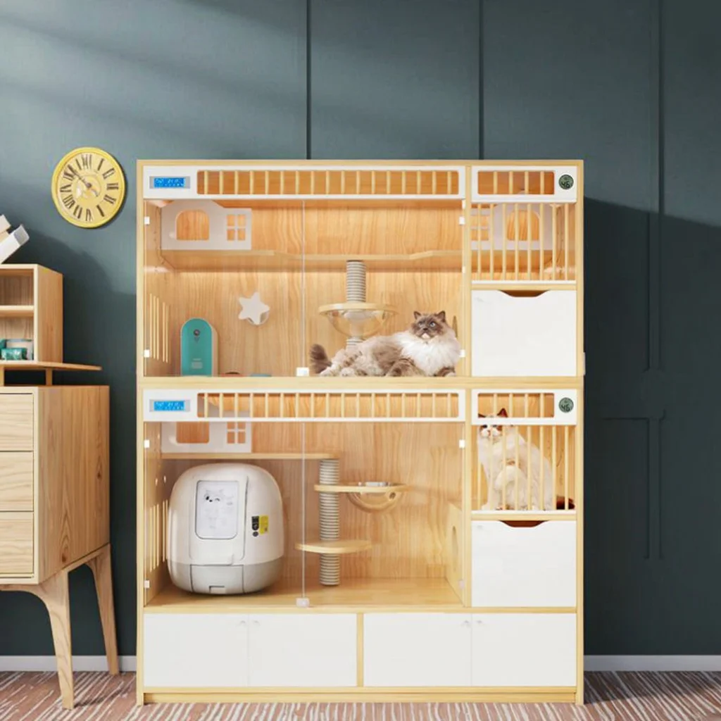 Three Storey Wooden Cat Villa Breathable Enclosed Play Cage Modern Living Room Nest House Furniture Customizable for Two Cats