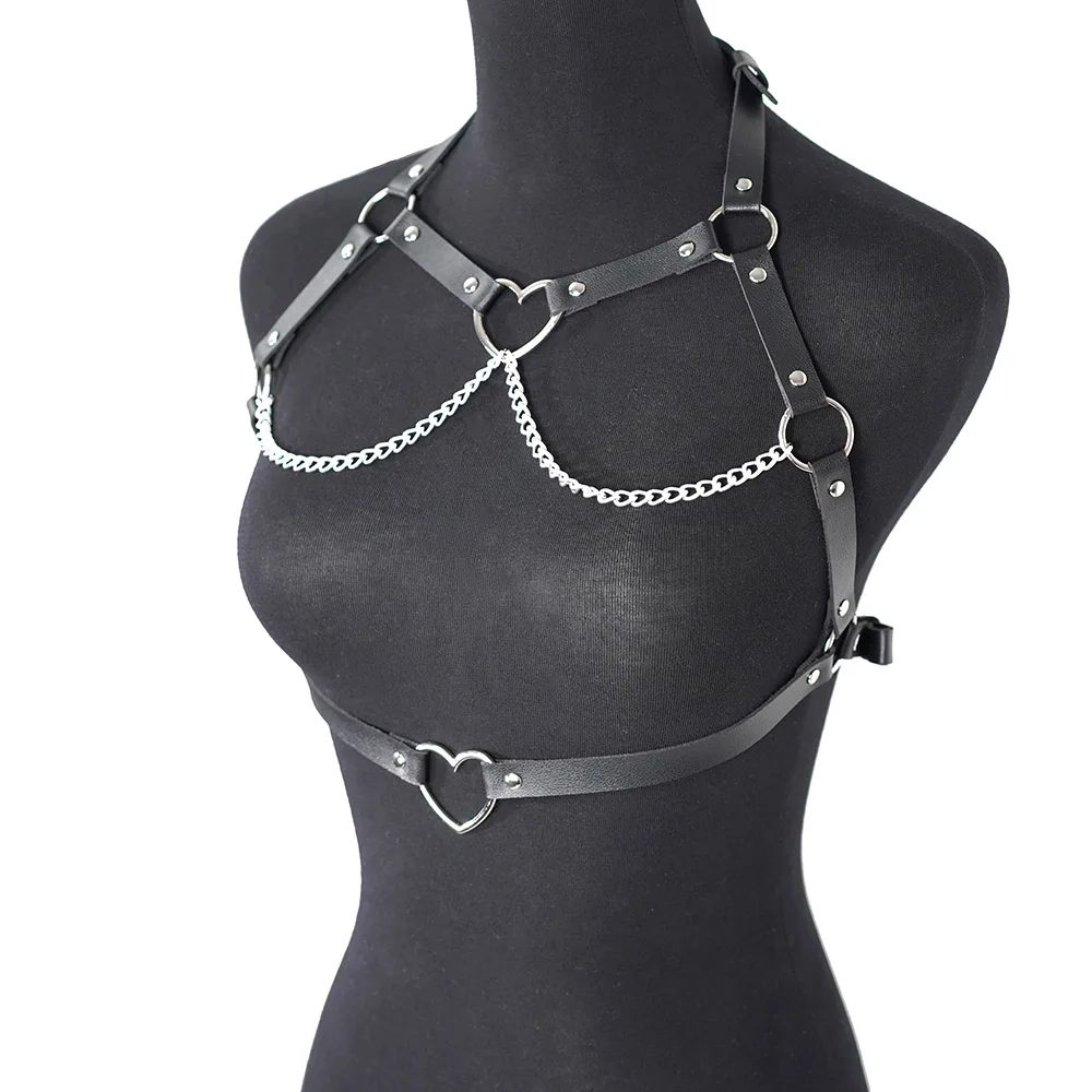 Arnés de cadena de cuero Pu para mujer, arnés de pecho, corsé Bondage, lencería gótica Punk, ropa fetiche