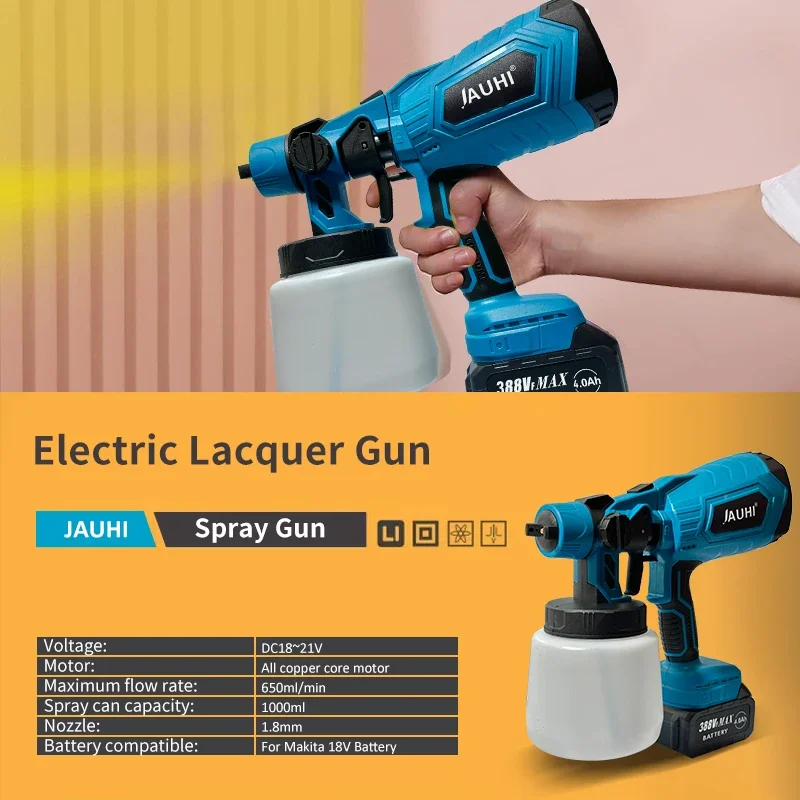 JAUHI-Pistola de pulverização elétrica sem fio com bateria, 1500W, 1000ml, doméstico, desinfecção, esterilização, pulverizador de tinta portátil