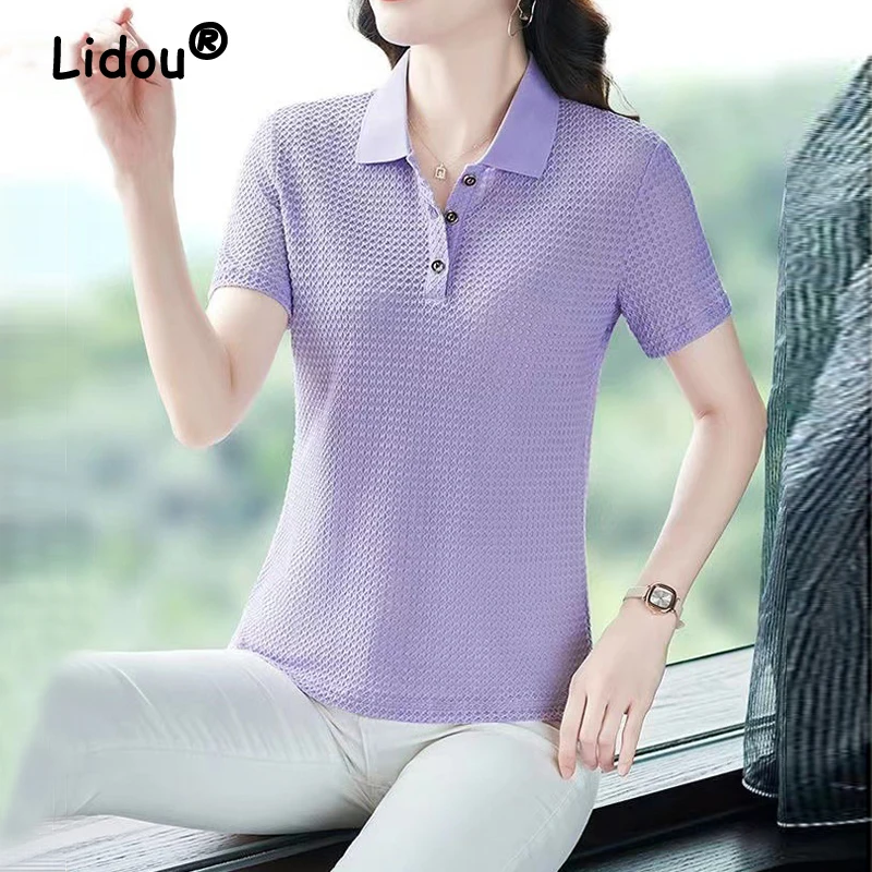 Women Summer Korean Fashion Elegant Short Sleeve Button Polo Collar T-shirt Female Solid Casual Slim Commute Tops Polos Mujeres