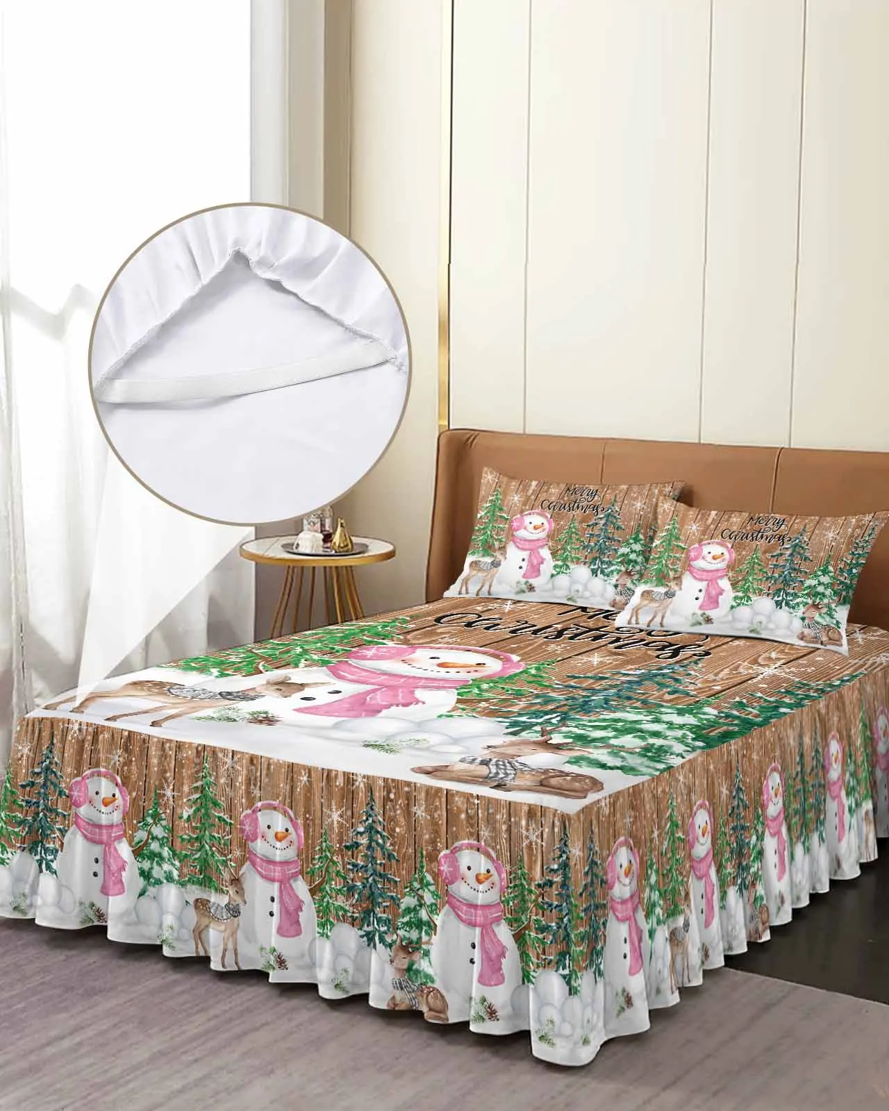 

Christmas Winter Pink Snowman Skirt Elastic Fitted Bedspread With Pillowcases Mattress Cover Bedding Set Bed Sheet