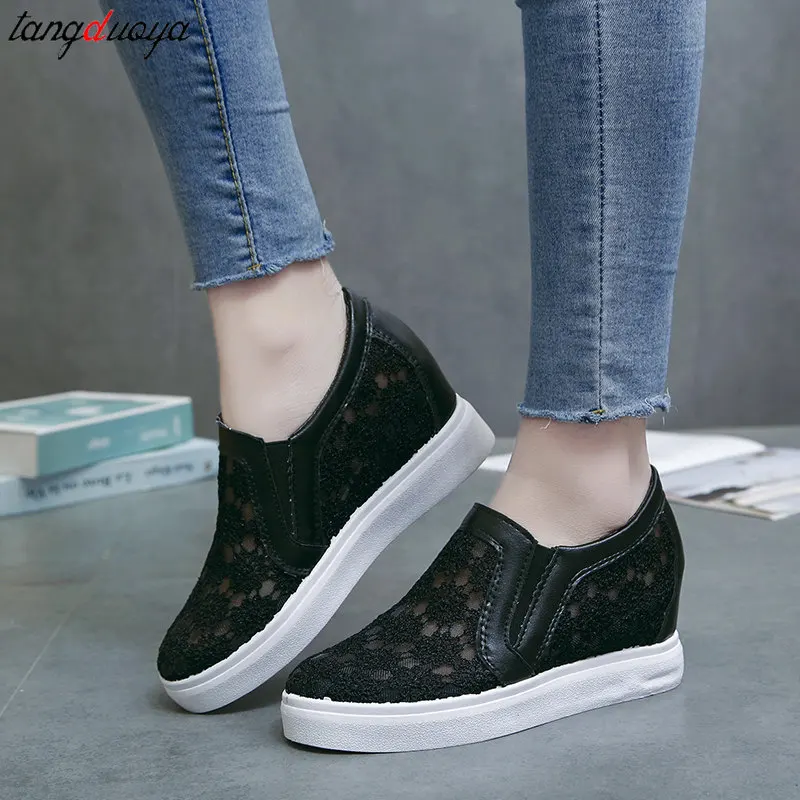 Women Wedge Platform Sneakers Fashion Summer White Casual Shoes women Cutouts Lace Canvas Hollow Breathable Loafers Shoes