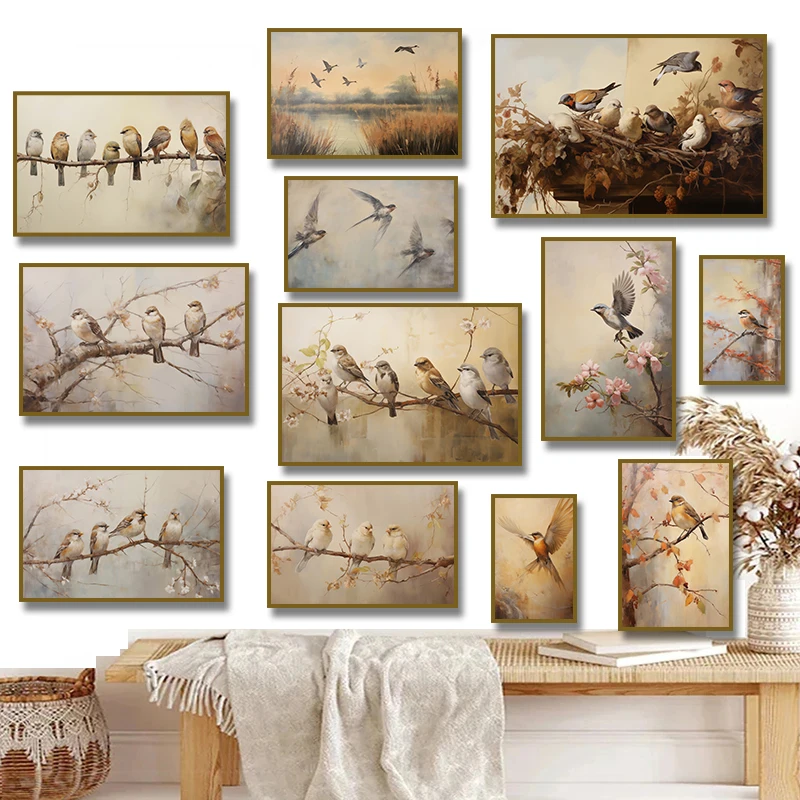Vintage Three Flying Swallows Perched Finch on Autumn Tree Poster Canvas Painting Print Wall Art Picture Living Room Home Dec
