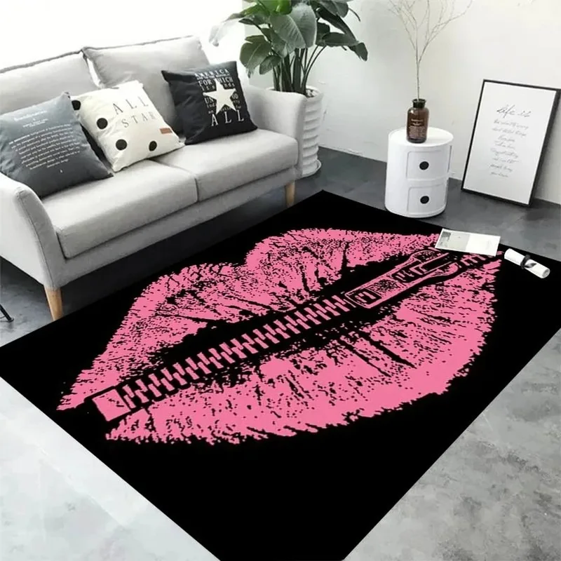 Black Zipper Lips Non Slip Flannel Rug Home Decorative Carpet Floor Mat for Bedroom Living Room Soft Fashion