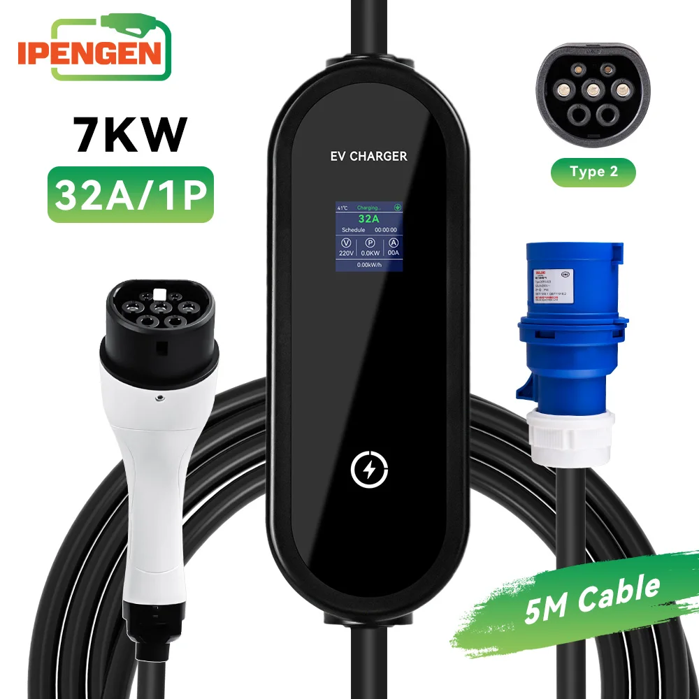 

IPENGEN 7 кВт Type2 Портативное зарядное устройство для электромобилей Кабель 5 м Разъем IEC62196 32A Зарядка EVSE для электромобиля Регулируемый ток