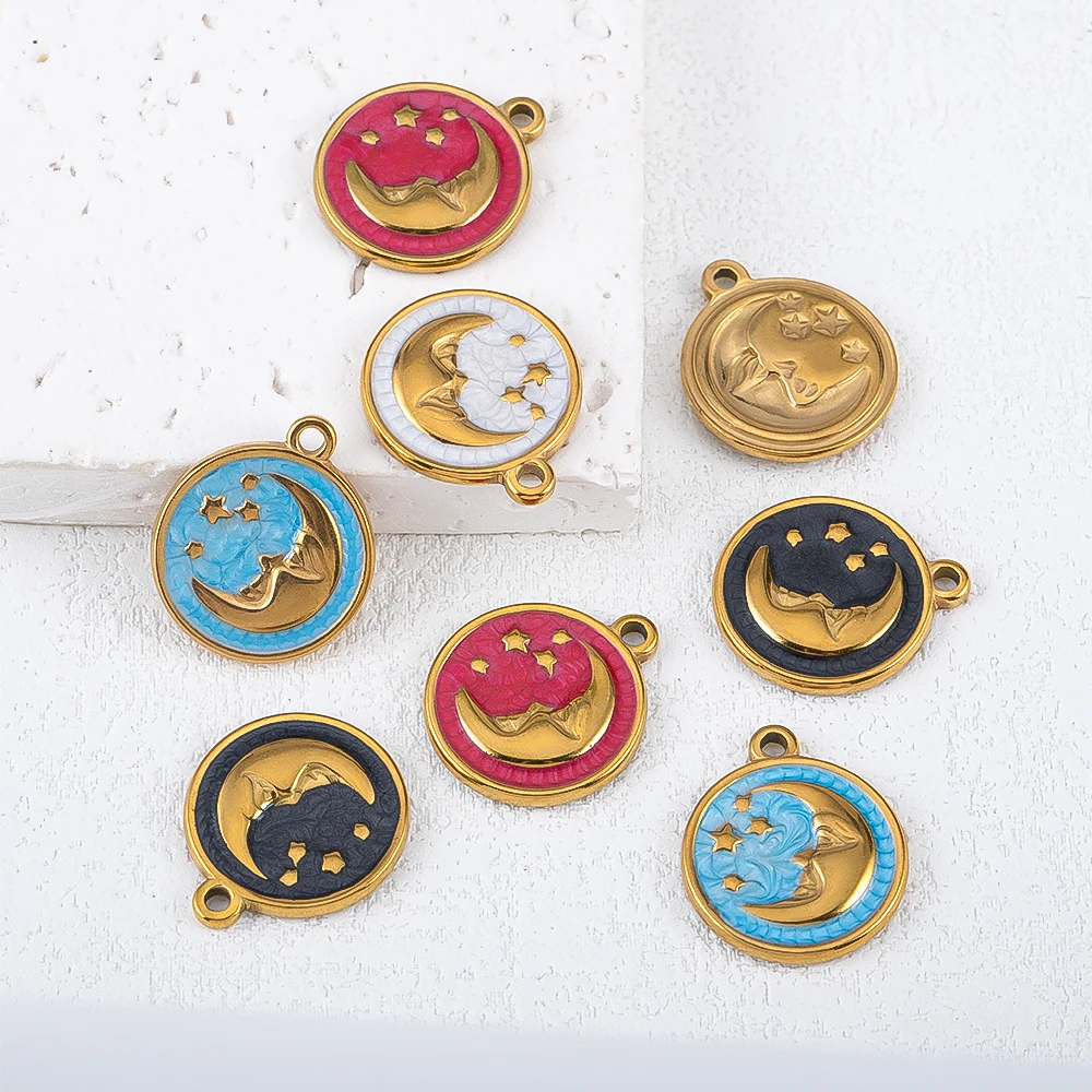 5 Pieces Stainless Steel Colored Enamel Moon Star Vintage Bracelet Charm Necklace Earring Components Jewelry Making Accessories