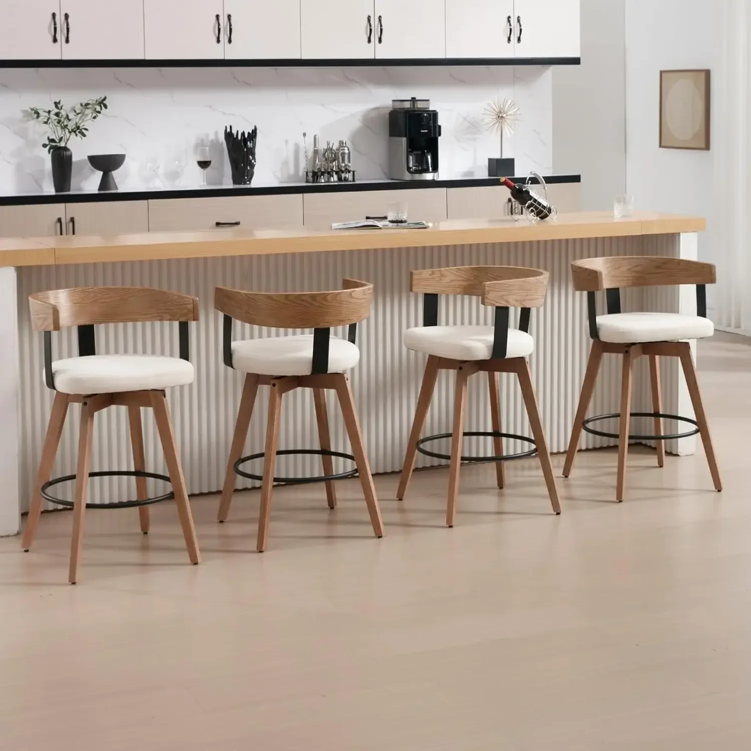 Tabouret de bar moderne en bois avec repose-pieds, comptoir recommandé, Kitchen Island, Home Bar, blanc, piste de bar, ensemble de 3 à 26 po